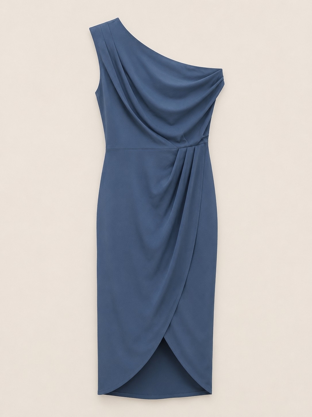 One-Shoulder Draped Midi Dress in Slate Blue